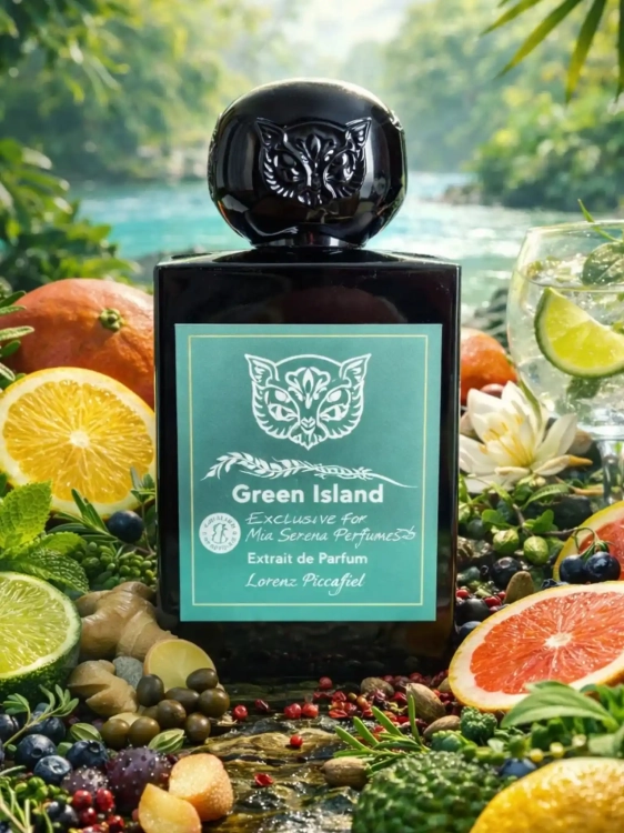 Odlewka aromatycznego zapachu Lorenzo Pazzaglia Green Island od Perfame. Ziołowe i rześkie nuty przywołują obraz zielonej wyspy.