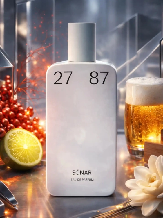 Szklana odlewka awangardowej kompozycji Sónar 27 87 od Perfame. Tuberoza i nuty metaliczne oddają klimat nowoczesnego festiwalu.