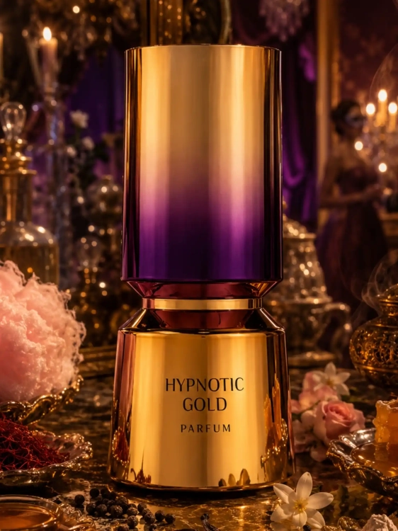 Szklana odlewka aromatu French Avenue Hypnotic Gold od Perfame. Złociste nuty bursztynu tworzą lśniący profil.