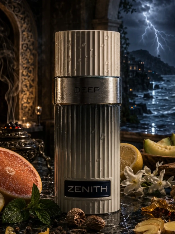 Szklana odlewka głębokiej kompozycji Zenith Deep dostępna w Perfame. Ciemne nuty drzewne i bursztyn tworzą wieczorowy klimat.