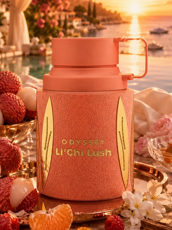 Szklana odlewka owocowej wody Odyssey Li'chi Lush od Perfame. Egzotyczne liczi zapewnia soczystą, kobiecą świeżość.