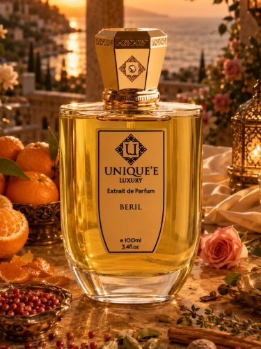 Szklana odlewka wody Unique'e Luxury Beril od Perfame. Elegancka róża i ciepłe przyprawy tworzą luksusowy profil.