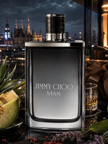 Szklana odlewka klasycznej wody Jimmy Choo Man dostępna w Perfame. Liście ananasa i zamsz tworzą swobodny, luksusowy aromat."