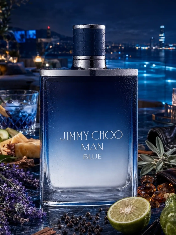 Szklana odlewka aromatycznego zapachu Jimmy Choo Man Blue od Perfame. Szałwia i skóra tworzą nowoczesny, miejski charakter.