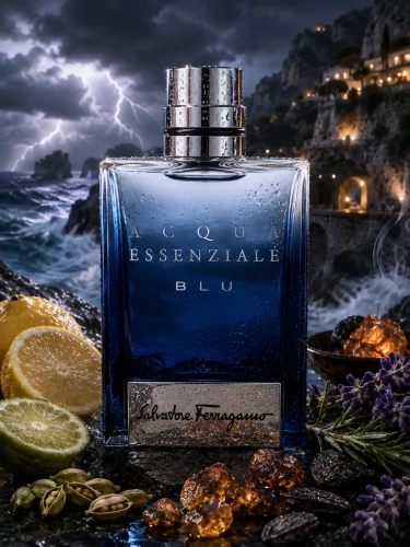 Szklana odlewka aromatycznej wody Acqua Essenziale Blu od Perfame. Lawenda i cytrusy łączą się w głęboki, morski profil.