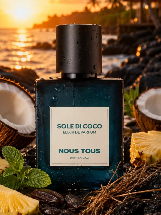 Szklana odlewka tropikalnego ekstraktu NOUS TOUS Sole Di Coco z kolekcji Perfame. Nuty kokosa i słoneczne akordy tworzą egzotyczną, beztroską aurę.