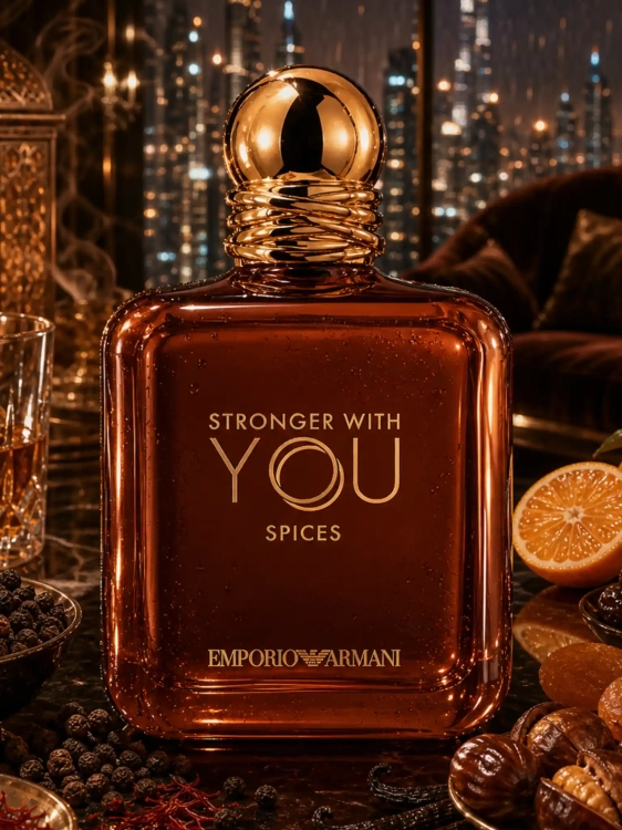 Szklana odlewka korzennej kompozycji Emporio Armani Stronger With You Spices z kolekcji Perfame. Ogniste przyprawy tworzą zmysłową i nowoczesną aurę.