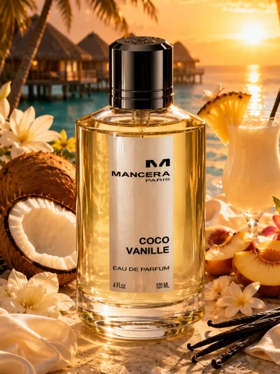Szklana odlewka słodkiej wody Mancera Coco Vanille od Perfame. Tropikalny kokos i kremowa wanilia tworzą apetyczną, wakacyjną rozkosz.