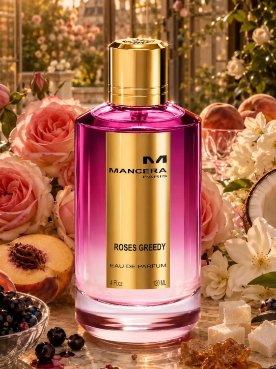Szklana odlewka kwiatowej wody Mancera Roses Greedy od Perfame. Cukrowa róża i soczyste owoce tworzą zniewalający, niezwykle kobiecy aromat.