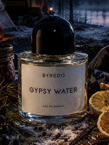 Szklana odlewka wolnościowego zapachu Byredo Gypsy Water od Perfame. Nuty sosny, cytryny i kadzidła budują dziki, nomadyczny eliksir.