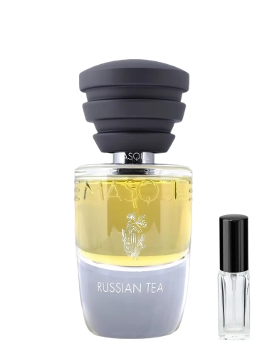 Szklana odlewka dymnego zapachu Masque Milano Russian Tea z kolekcji Perfame. Czarna herbata, malina i skóra łączą się w głęboki, wyrafinowany aromat.