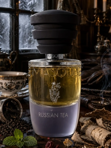 Szklana odlewka dymnego zapachu Masque Milano Russian Tea z kolekcji Perfame. Czarna herbata, malina i skóra łączą się w głęboki, wyrafinowany aromat.
