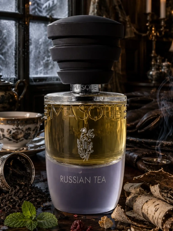 Szklana odlewka dymnego zapachu Masque Milano Russian Tea z kolekcji Perfame. Czarna herbata, malina i skóra łączą się w głęboki, wyrafinowany aromat.