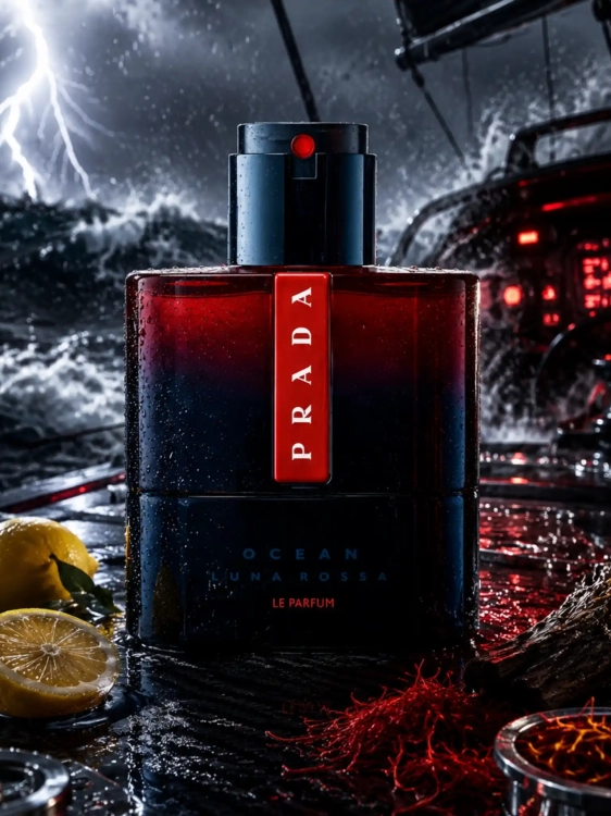 Szklana odlewka głębokiej kompozycji Prada Luna Rossa Ocean Le Parfum od Perfame. Szafran i dąb budują magnetyczny profil.