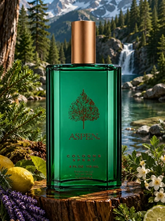Szklana odlewka rześkiego zapachu Aspen Cologne z kolekcji Perfame. Leśne akordy i świeża cytryna zapewniają klasyczne, radosne orzeźwienie na co dzień.