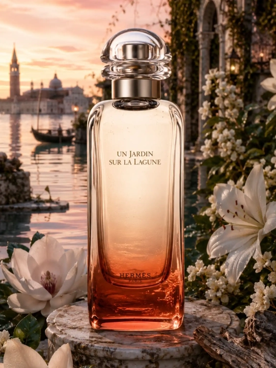 Szklana odlewka kwiatowej wody Hermès Un Jardin Sur La Lagune dostępna w Perfame. Magnolia i nuty morskie przywodzą na myśl wenecki ogród.