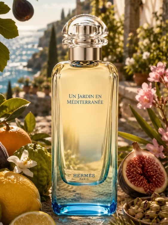 Odlewka śródziemnomorskiej kompozycji Hermès Un Jardin En Mediterranee od Perfame. Liście figi i kwiat pomarańczy tworzą słoneczny, letni profil.