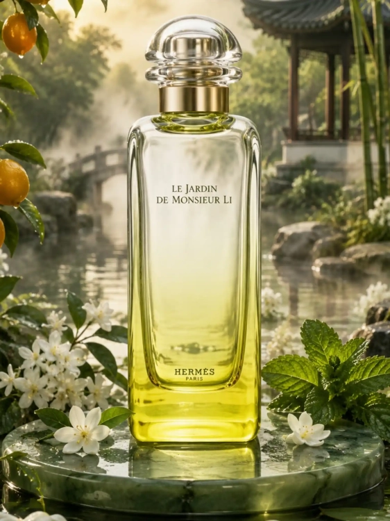 Szklana odlewka harmonijnego aromatu Hermès Le Jardin de Monsieur Li dostępna w Perfame. Kumkwat i jaśmin wprowadzają w stan orientalnego spokoju.