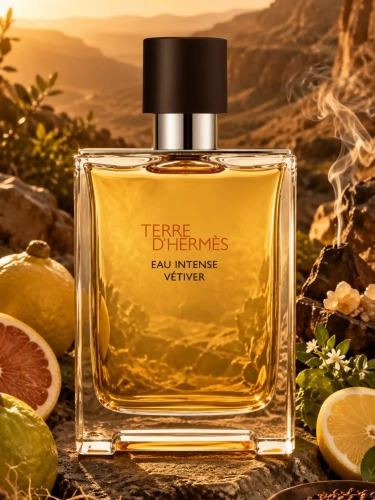 Szklana odlewka drzewnego aromatu Terre D'Hermes Eau Intense Vetiver z kolekcji Perfame. Wibrująca wetyweria i pieprz syczuański budują wyrazisty, męski profil.