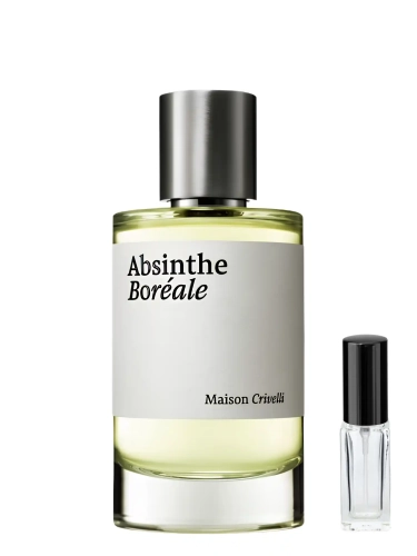 Szklana odlewka rześkiej kompozycji Maison Crivelli Absinthe Boreale od Perfame. Piołun i mroźne akordy oddają chłód arktycznej zorzy.