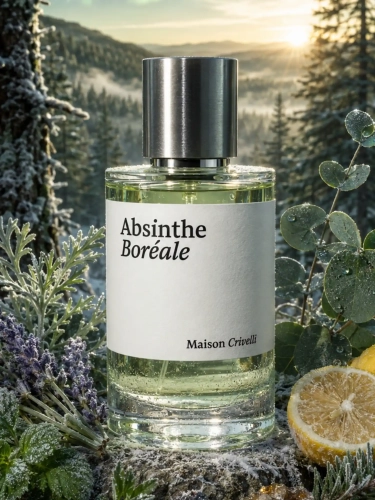 Szklana odlewka rześkiej kompozycji Maison Crivelli Absinthe Boreale od Perfame. Piołun i mroźne akordy oddają chłód arktycznej zorzy.