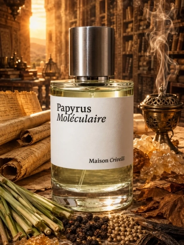 Odlewka wytrawnej kompozycji Maison Crivelli Papyrus Moléculaire z kolekcji Perfame. Nuty papirusu i tytoniu łączą się w nowoczesny, drzewny profil.