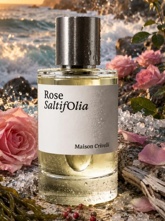 Szklana odlewka morskiej wody Maison Crivelli Rose Saltifolia od Perfame. Delikatna róża i słone akordy oddają zapach kwiatów nad brzegiem oceanu.