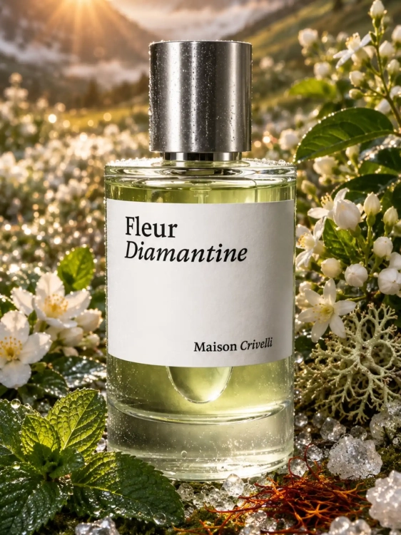Odlewka świetlistego aromatu Maison Crivelli Fleur Diamantine w ofercie Perfame. Białe kwiaty i szafran lśnią chłodnym, krystalicznym blaskiem.