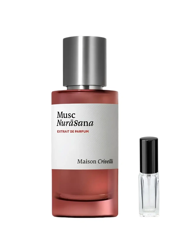 Szklana odlewka zmysłowego aromatu Maison Crivelli Musc Nurāsana od Perfame. Piżmo i otulające nuty gwarantują harmonijną, nieskazitelną aurę.