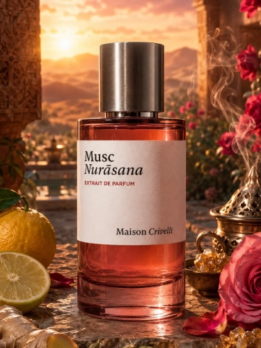 Szklana odlewka zmysłowego aromatu Maison Crivelli Musc Nurāsana od Perfame. Piżmo i otulające nuty gwarantują harmonijną, nieskazitelną aurę.