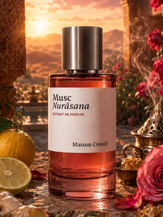 Szklana odlewka zmysłowego aromatu Maison Crivelli Musc Nurāsana od Perfame. Piżmo i otulające nuty gwarantują harmonijną, nieskazitelną aurę.