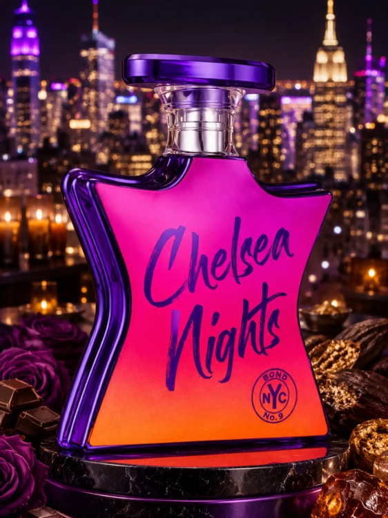 Szklana odlewka zmysłowej wody Bond No. 9 Chelsea Nights od Perfame. Nuty kakao, szafranu i paczuli oddają szykowny, nocny klimat Nowego Jorku.