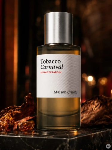 Szklana odlewka Maison Crivelli Tobacco Carnaval od Perfame. Niszowa kompozycja gourmand o tytoniowym, dymnym i przyprawowym charakterze.