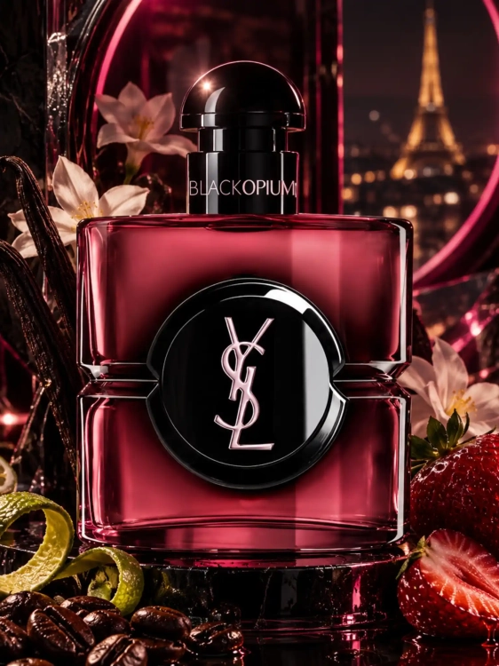 Szklana odlewka YSL Black Opium Pink Glaze od Perfame. Damski zapach z truskawką, zieloną mandarynką i bergamotką.