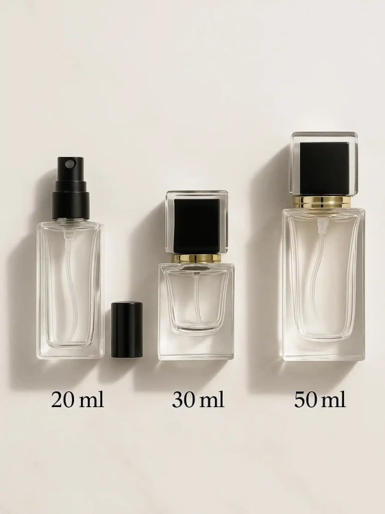Wielkości odlewek perfum dostępnych w Perfame - 20 ml, 30 ml, 50 ml.
