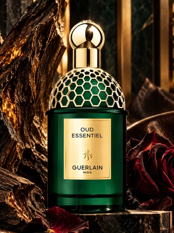Szklana odlewka Guerlain Oud Essentiel od Perfame – intensywne perfumy unisex z oudem, skórą i różą.