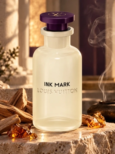 Szklana odlewka Louis Vuitton Ink Mark od Perfame – orientalno-drzewne perfumy unisex z sandałowcem, kadzidłem i bursztynem.