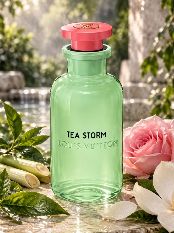 Szklana odlewka Louis Vuitton Tea Storm od Perfame – świeże perfumy unisex z trawą cytrynową, różą, magnolią i herbatą.