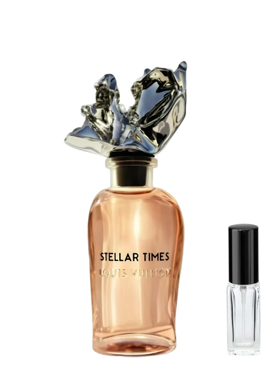 Szklana odlewka Louis Vuitton Stellar Times od Perfame – orientalno-kwiatowe perfumy unisex z kwiatem pomarańczy, bursztynem i nutami drzewnymi.