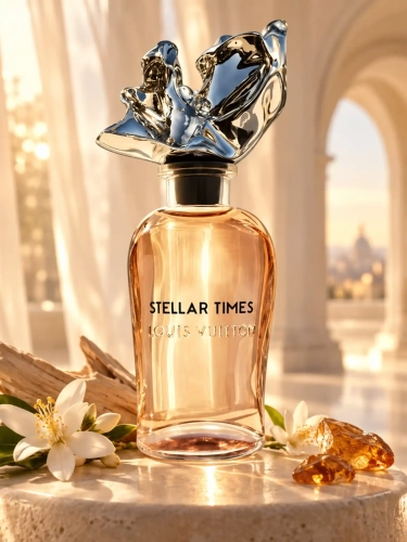 Szklana odlewka Louis Vuitton Stellar Times od Perfame – orientalno-kwiatowe perfumy unisex z kwiatem pomarańczy, bursztynem i nutami drzewnymi.