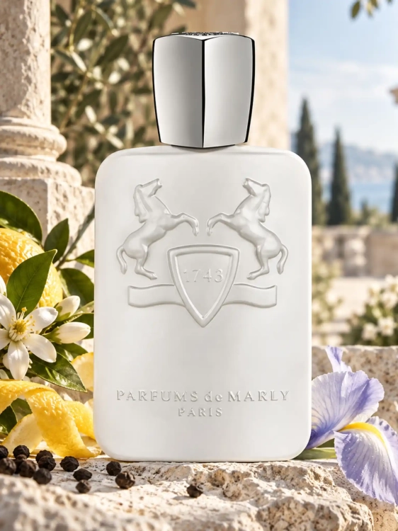 Szklana odlewka Parfums de Marly Galloway od Perfame – świeże perfumy unisex z cytrusami, pieprzem, irysem i piżmem.