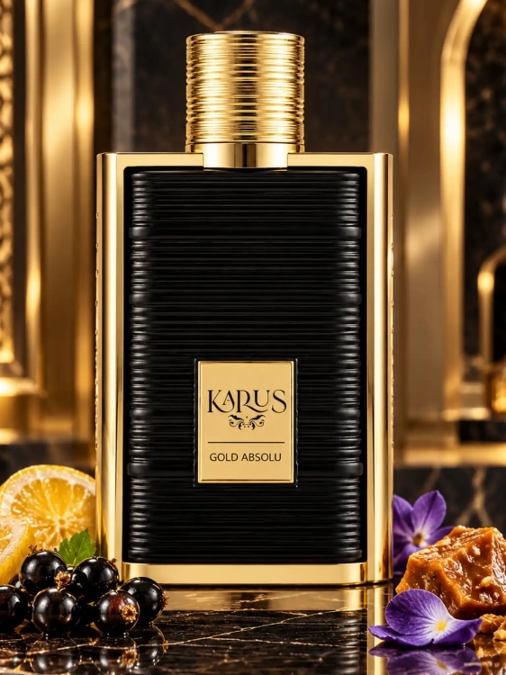 Szklana odlewka Khadlaj Karus Gold Absolu od Perfame – perfumy unisex z kandyzowaną cytryną, praliną, magnolią i piżmem.