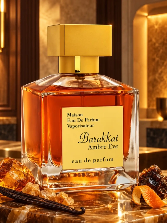 Szklana odlewka Fragrance World Barakkat Ambre Eve od Perfame – perfumy unisex z labdanum, benzoesem, wanilią i bursztynem.
