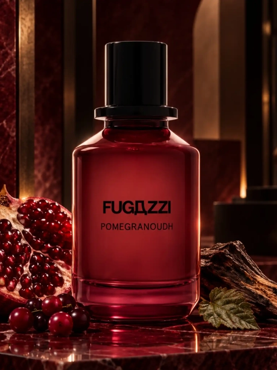 Szklana odlewka Fugazzi Pomegranoudh Extrait de Parfum od Perfame – perfumy unisex z granatem, czerwonymi owocami, oudem i wanilią.